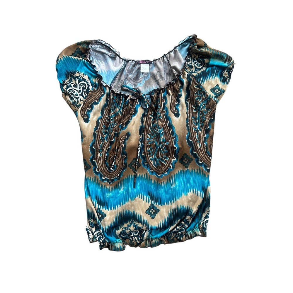 Authentic Y2k Agenda Paisley Blouse Women's‎ Tie Neck Top Blue Brown Boho Chic